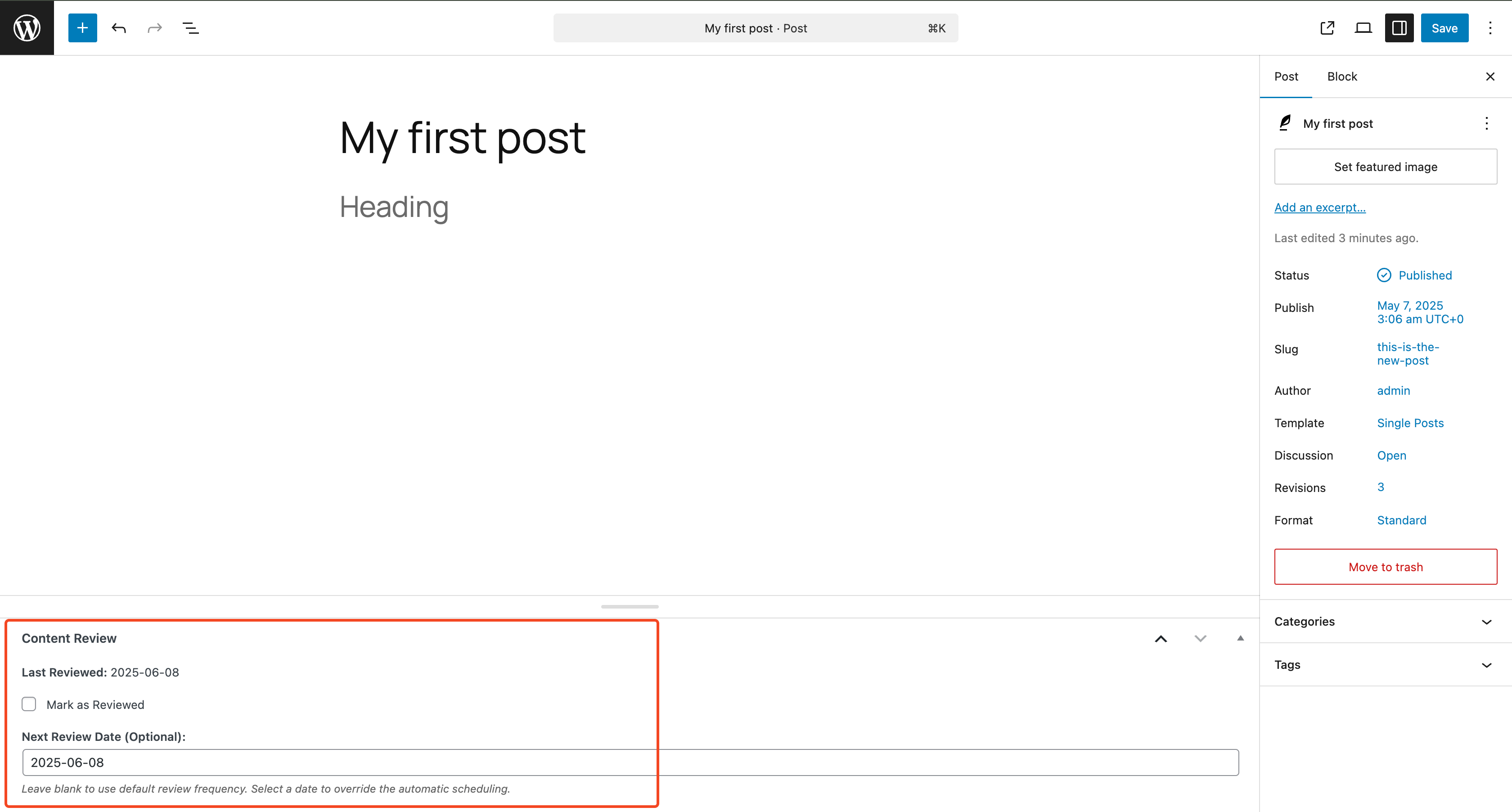 Post editor with "Mark as Reviewed" checkbox and custom date picker