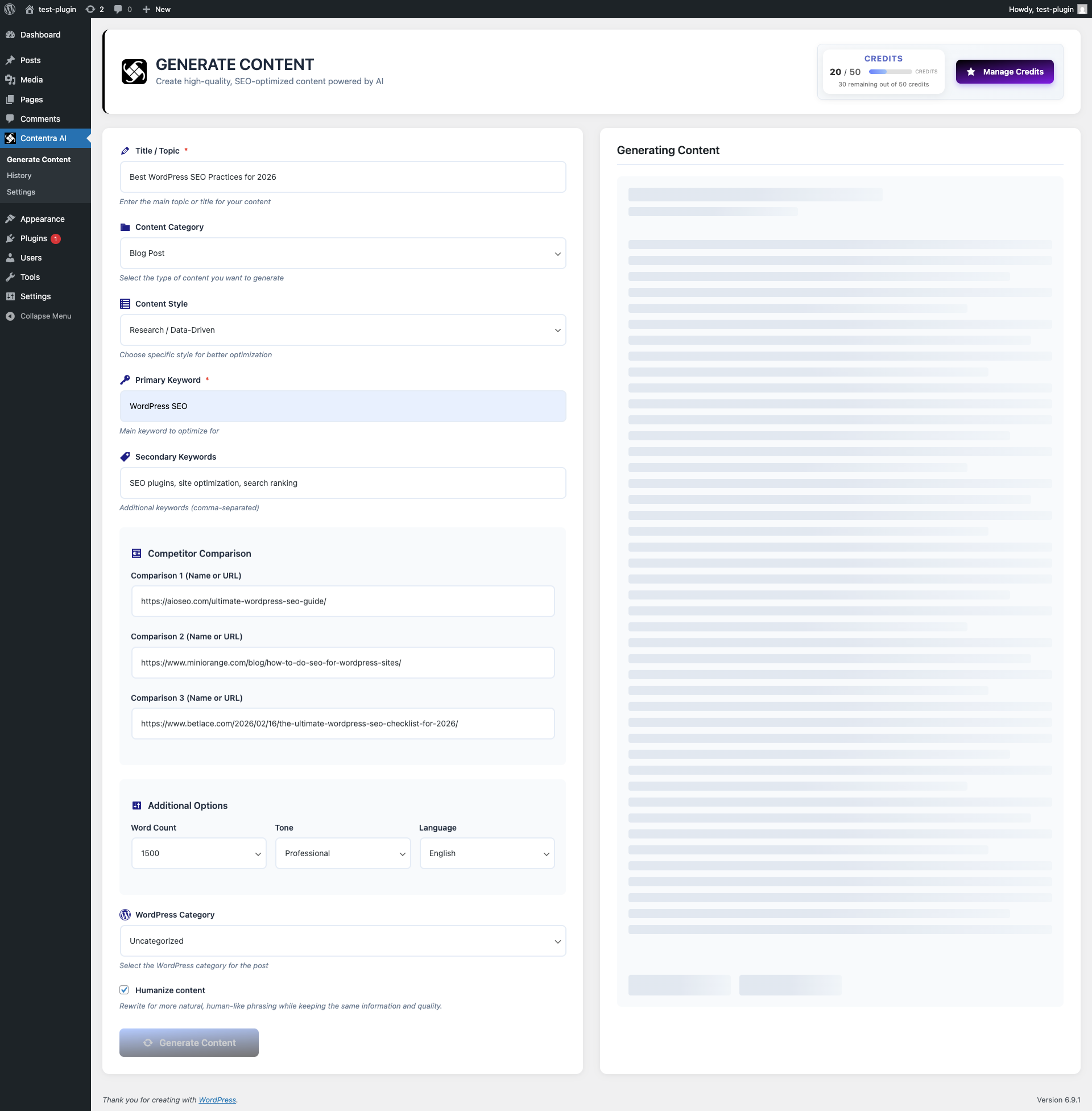 Plugin settings page with proxy connection