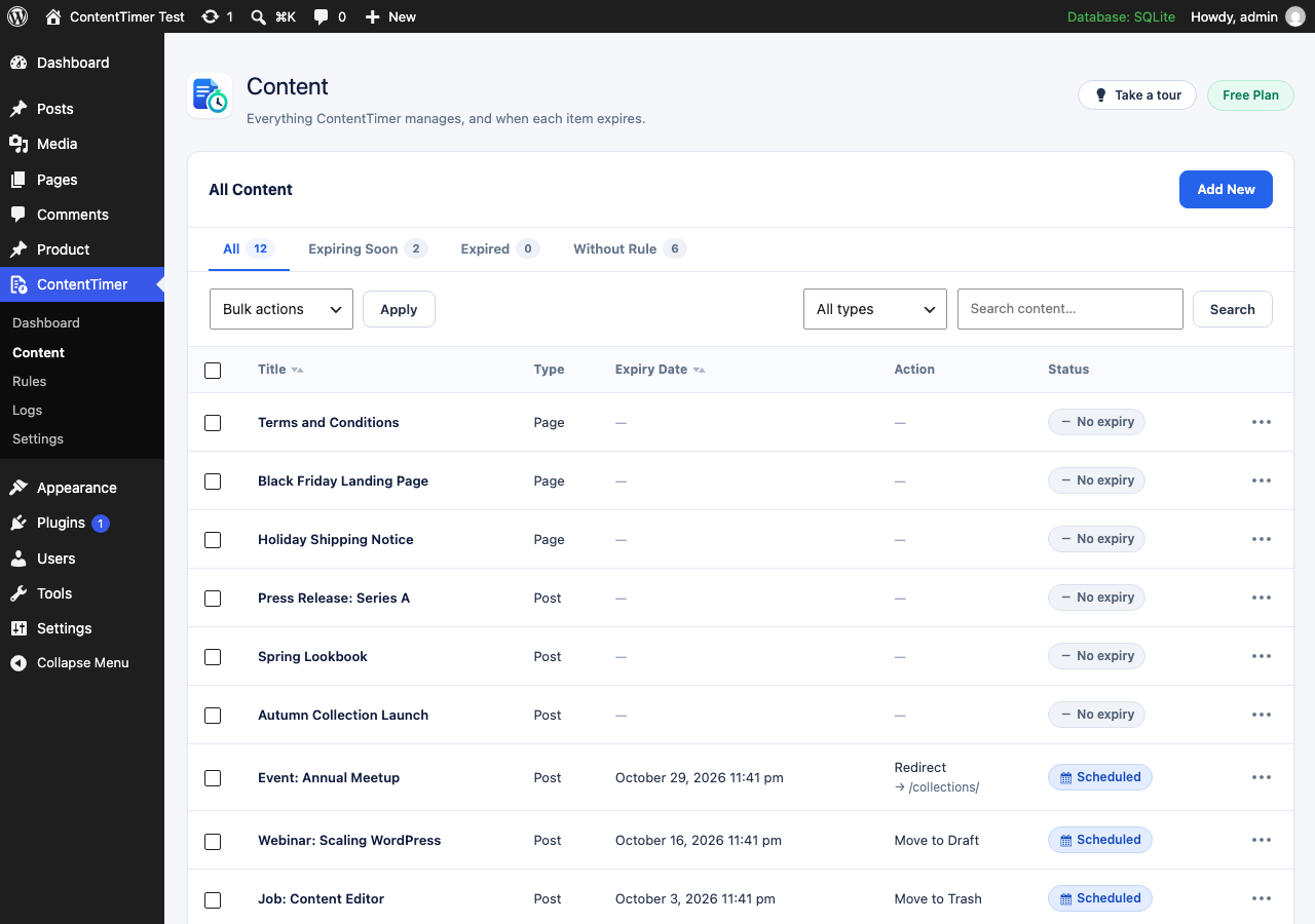 The Content screen: everything ContentTimer manages, filterable by expiry state.
