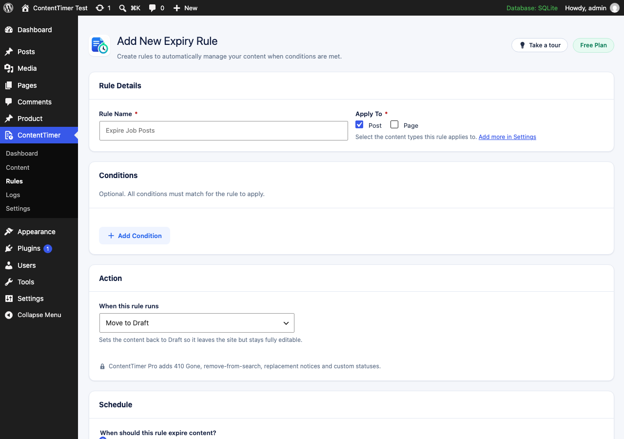 Adding an expiry rule with conditions, an action and a schedule.