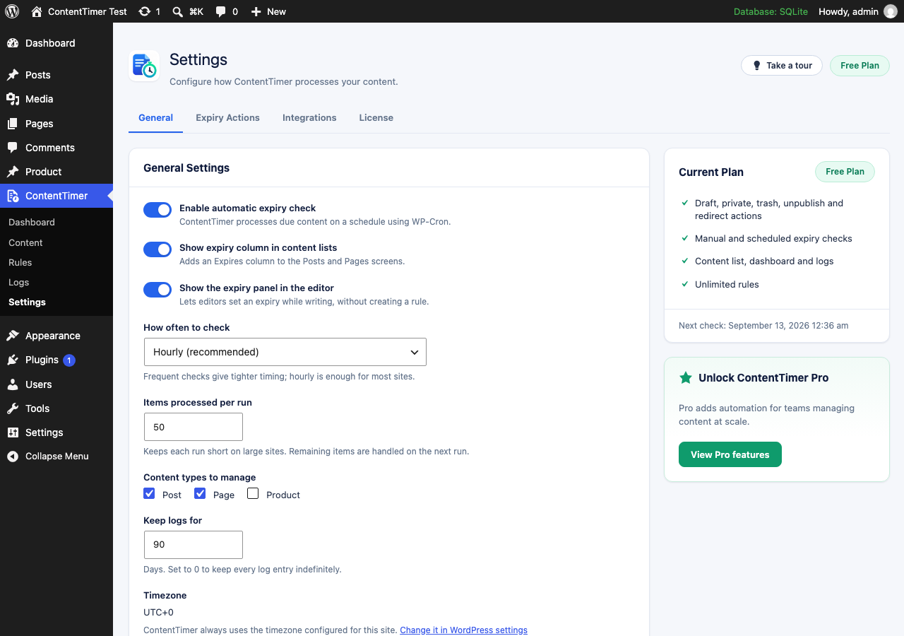 Settings, including which content types ContentTimer manages.