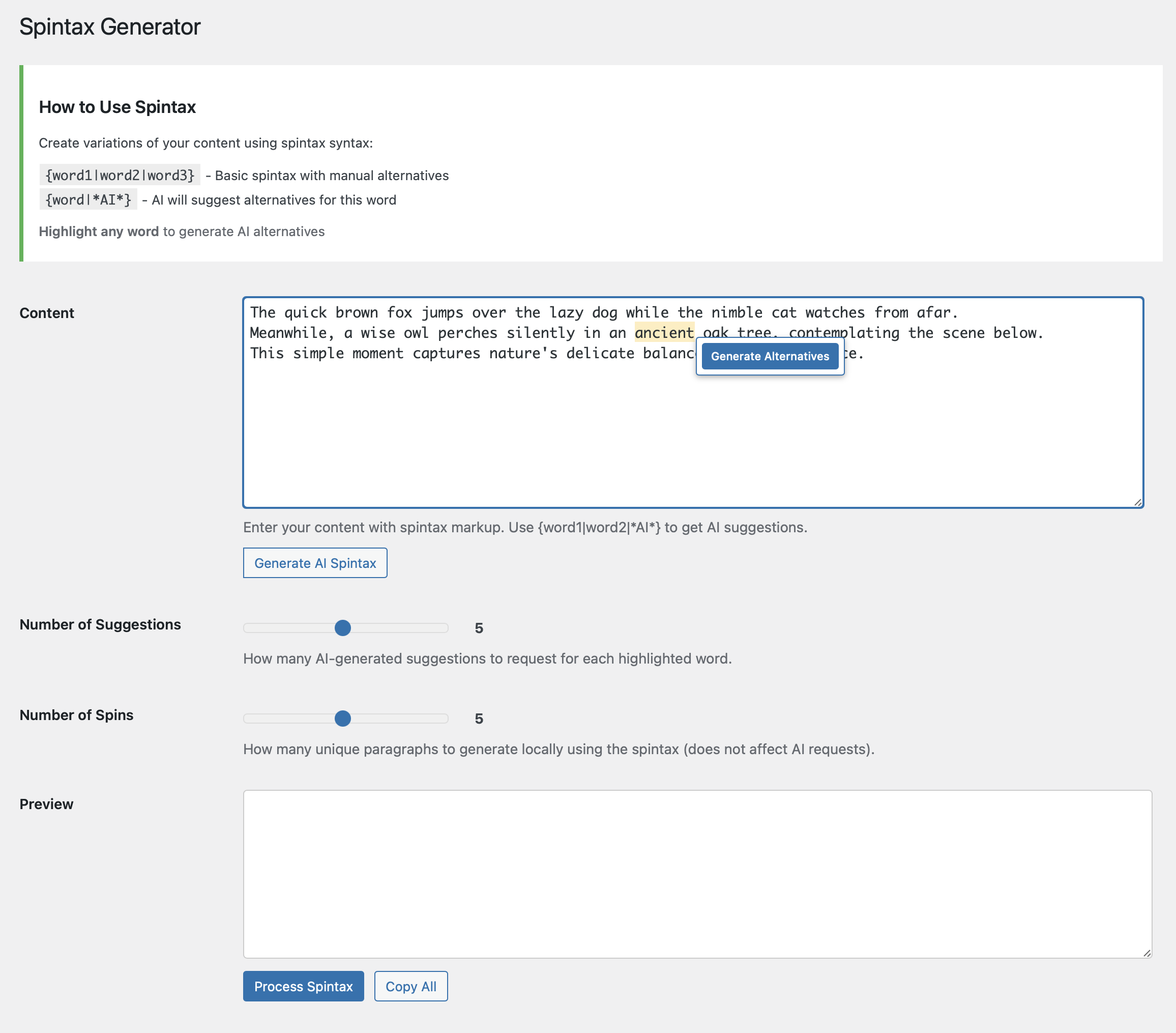 The Spintax tool in action.
