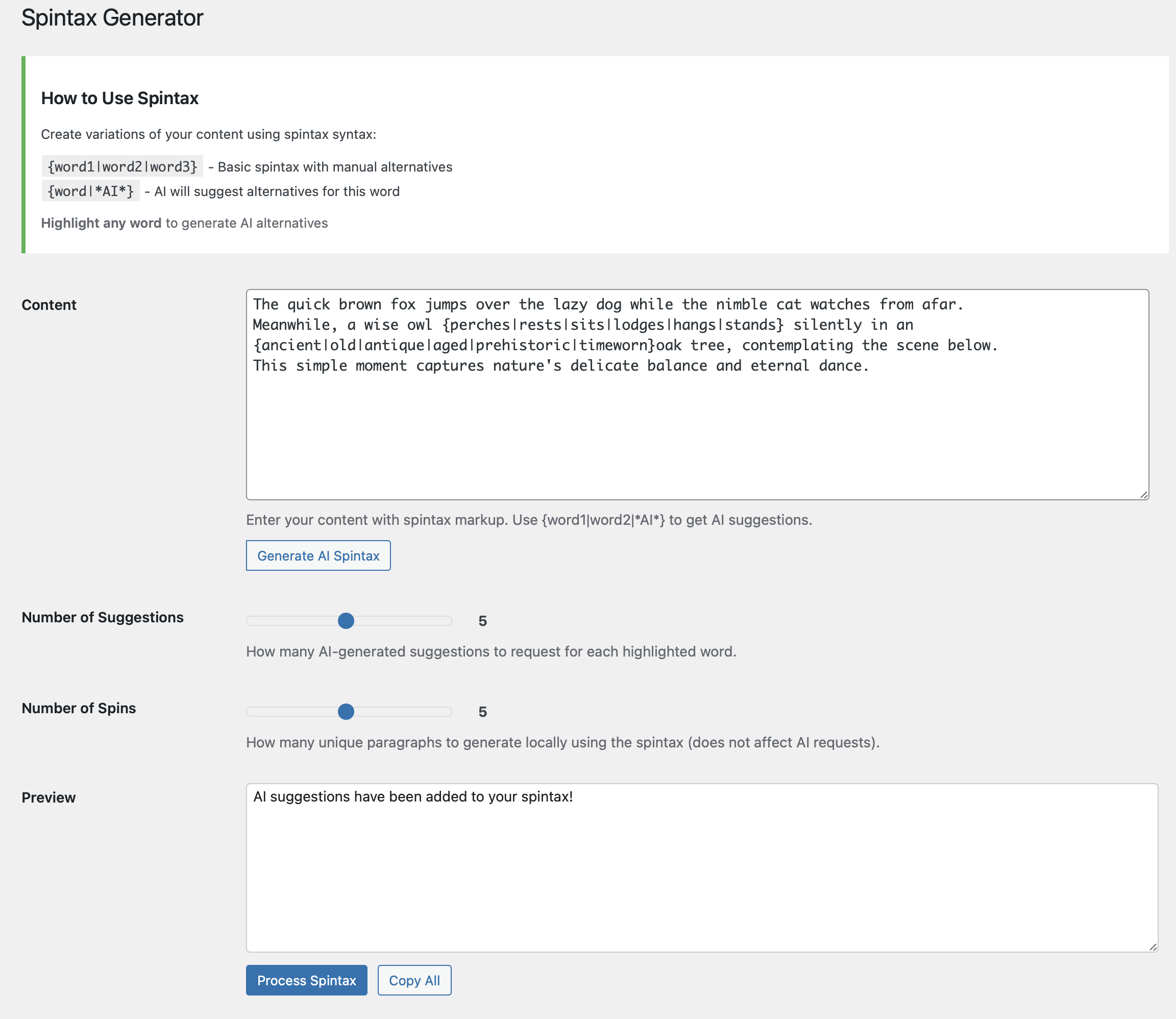 The Spintax tool comes to a satisfying conclusion.