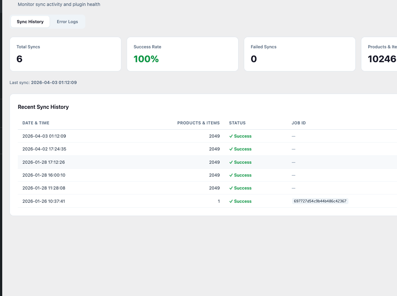 Product sync dashboard with progress tracking