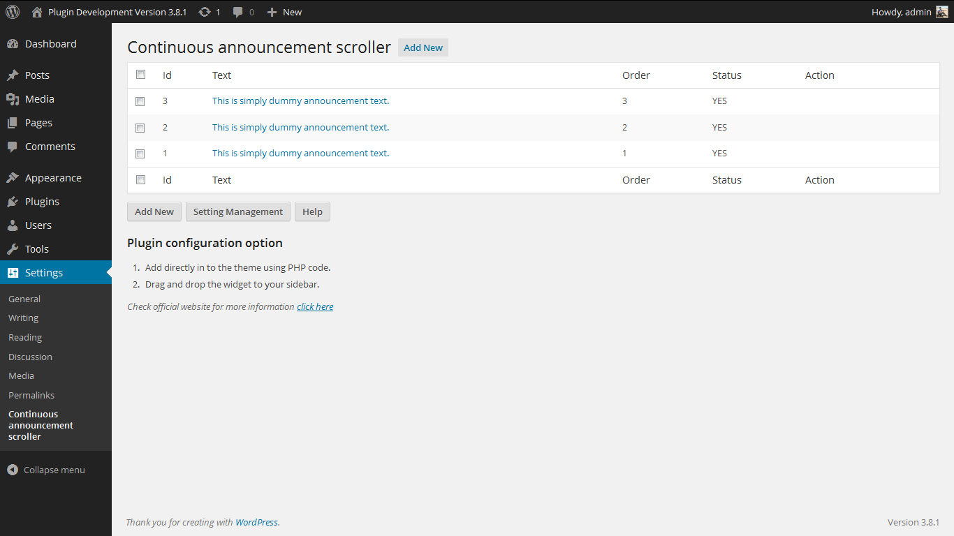 Admin Screen. http://www.gopiplus.com/work/2010/09/04/continuous-announcement-scroller/
