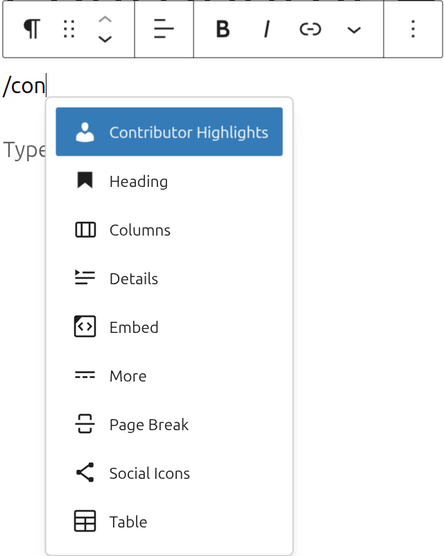 The block inserter in the WordPress editor, demonstrating how to find the Contributor Highlights block by typing "/Contributor" in a post or page.