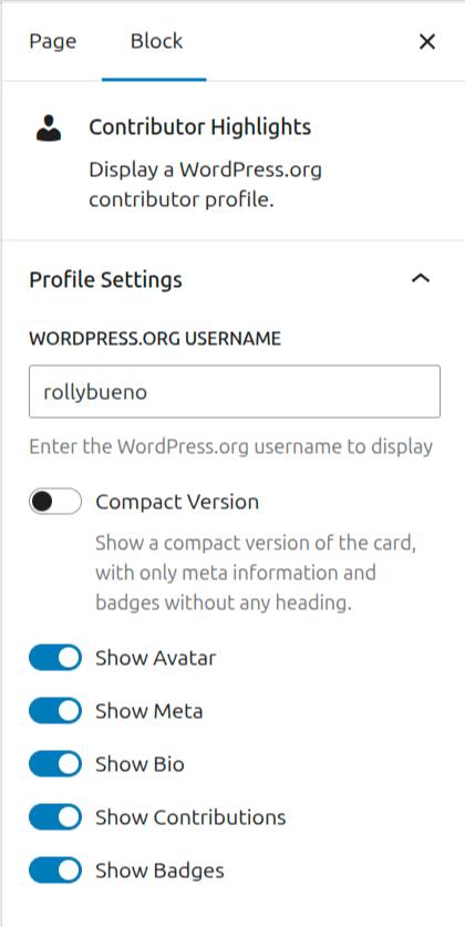 Block settings panel showing options to configure the Contributor Highlights block, including WordPress.org username and display preferences.
