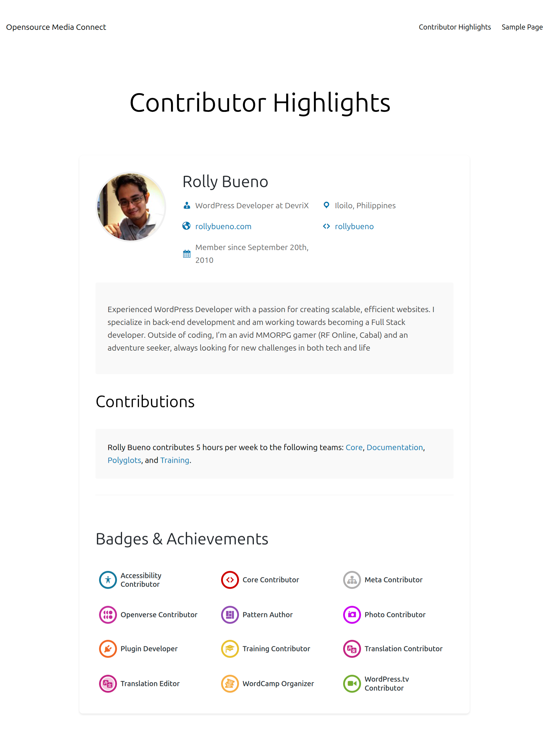 Front-end view of a Contributor Highlights card on a live page, showing contributor avatar, name, bio, contribution badges, and meta information styled within the site's theme.