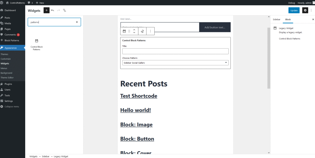 The **Control Block Patterns** widgets allowed you to **add Block Pattern** in any of the widget areas.