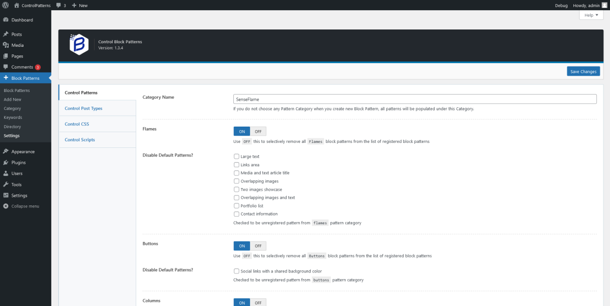 The Control Block Patterns **settings page** have various type of controls - Block Patterns > Settings > **Control Patterns**, **Control Post Types**, **Control CSS**