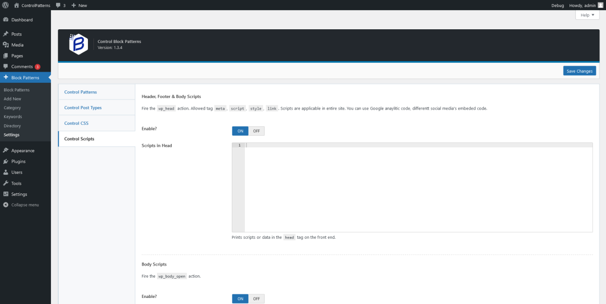 The Control Block Patterns **Header, Footer & Body scripts** options - Block Patterns > Settings > **Control Scripts**