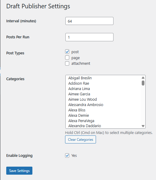 Settings: select post types, interval, and enable/disable logging.