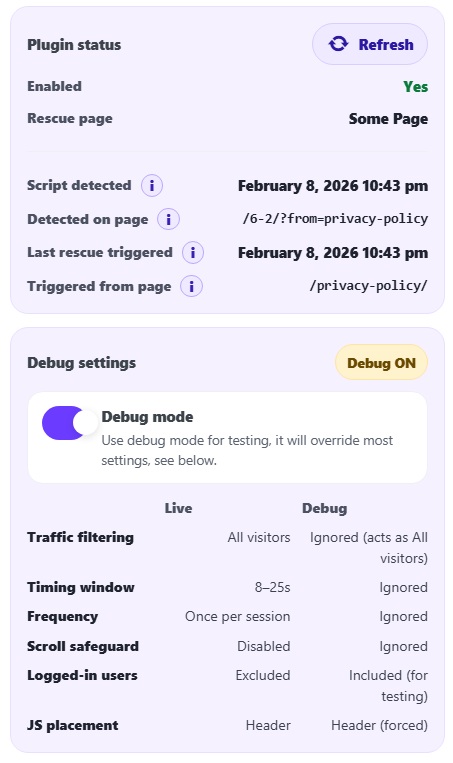 Plugin status & Debug information