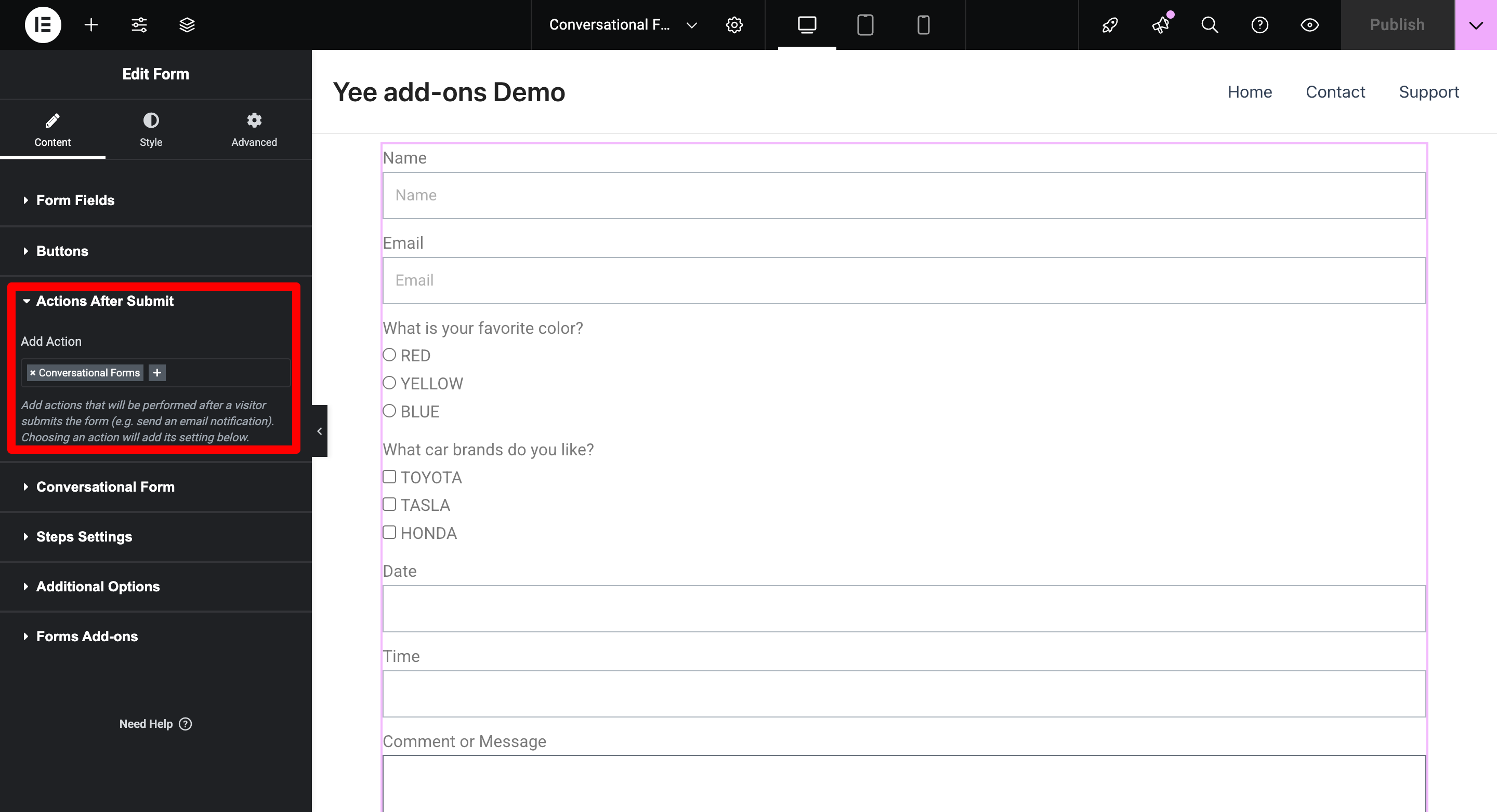 Enable "Conversational Forms" action in Elementor form.