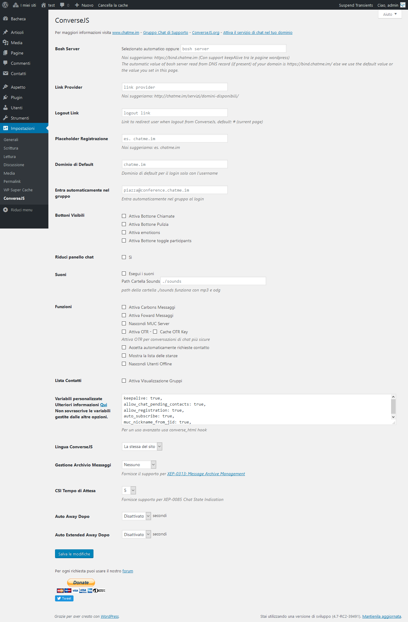 The chat admin panel
