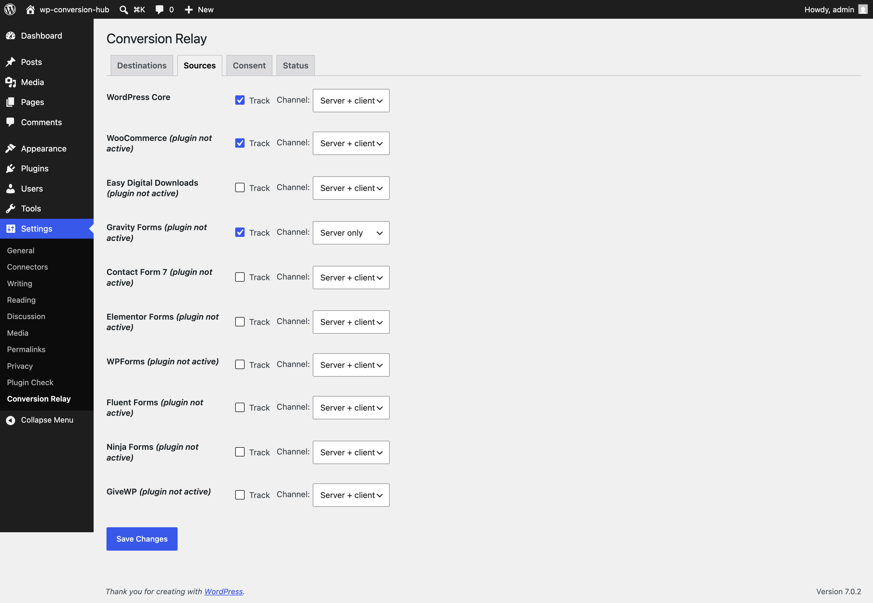 Sources — toggle which plugins to track and choose server, client, or both.