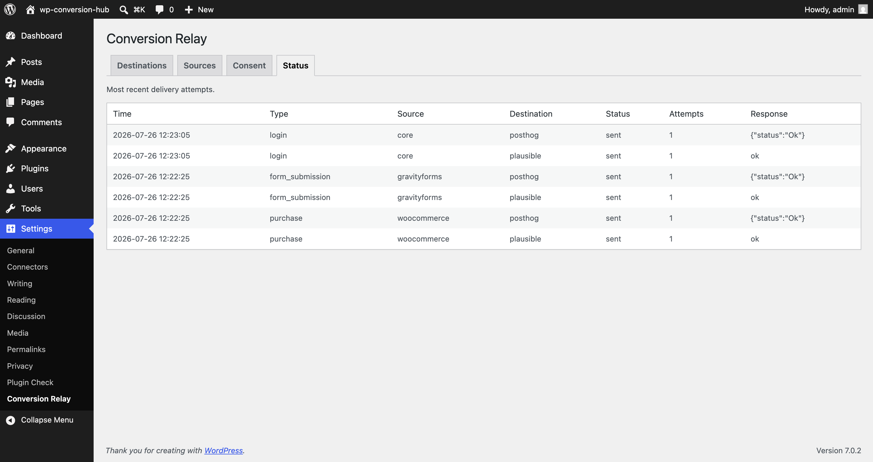 Status — a live log of every delivery attempt, with retries and failures.