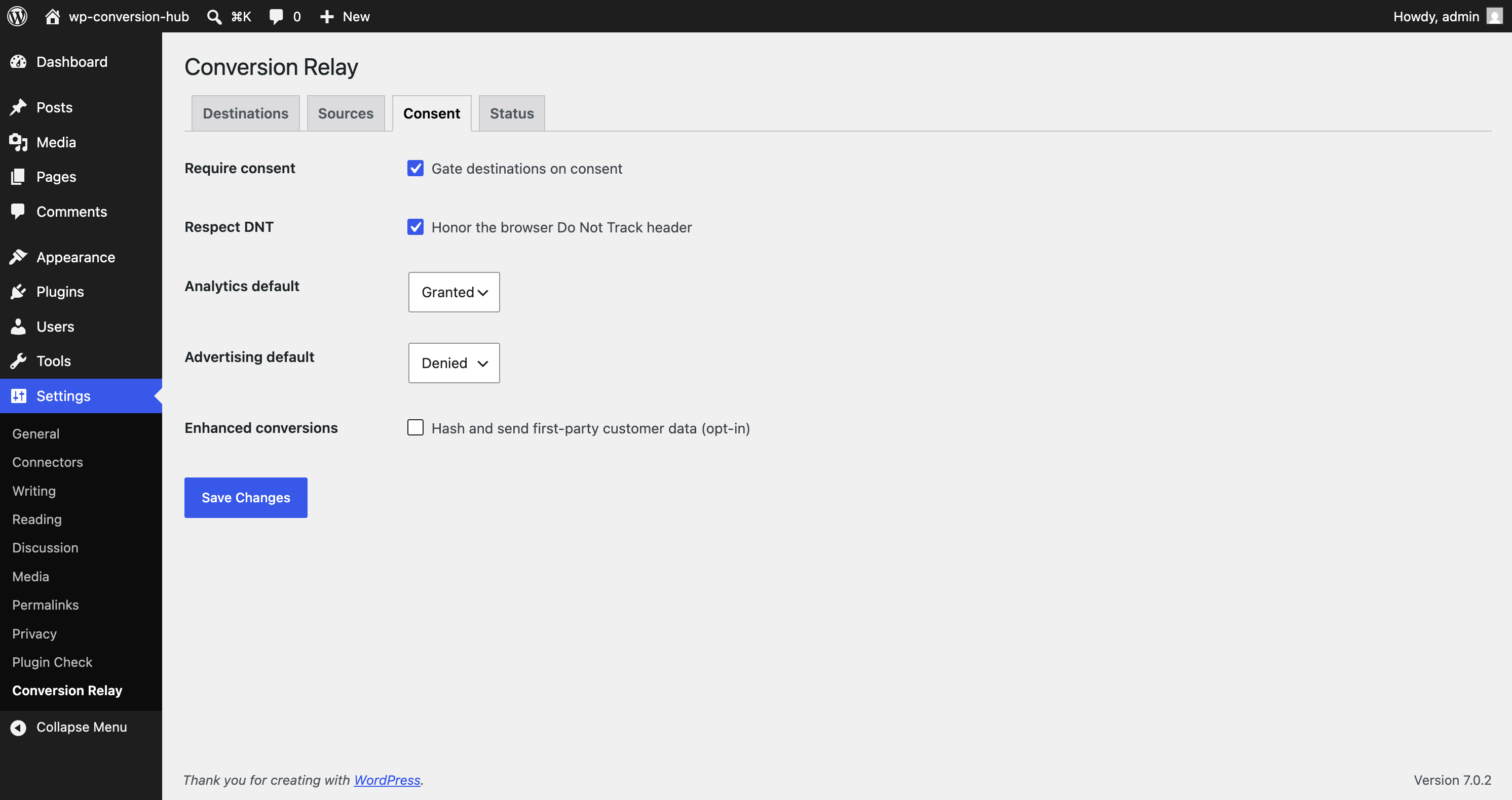 Consent — analytics and advertising consent defaults, with Do Not Track.