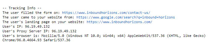 A sample email with the tracking information generated by the plugin.