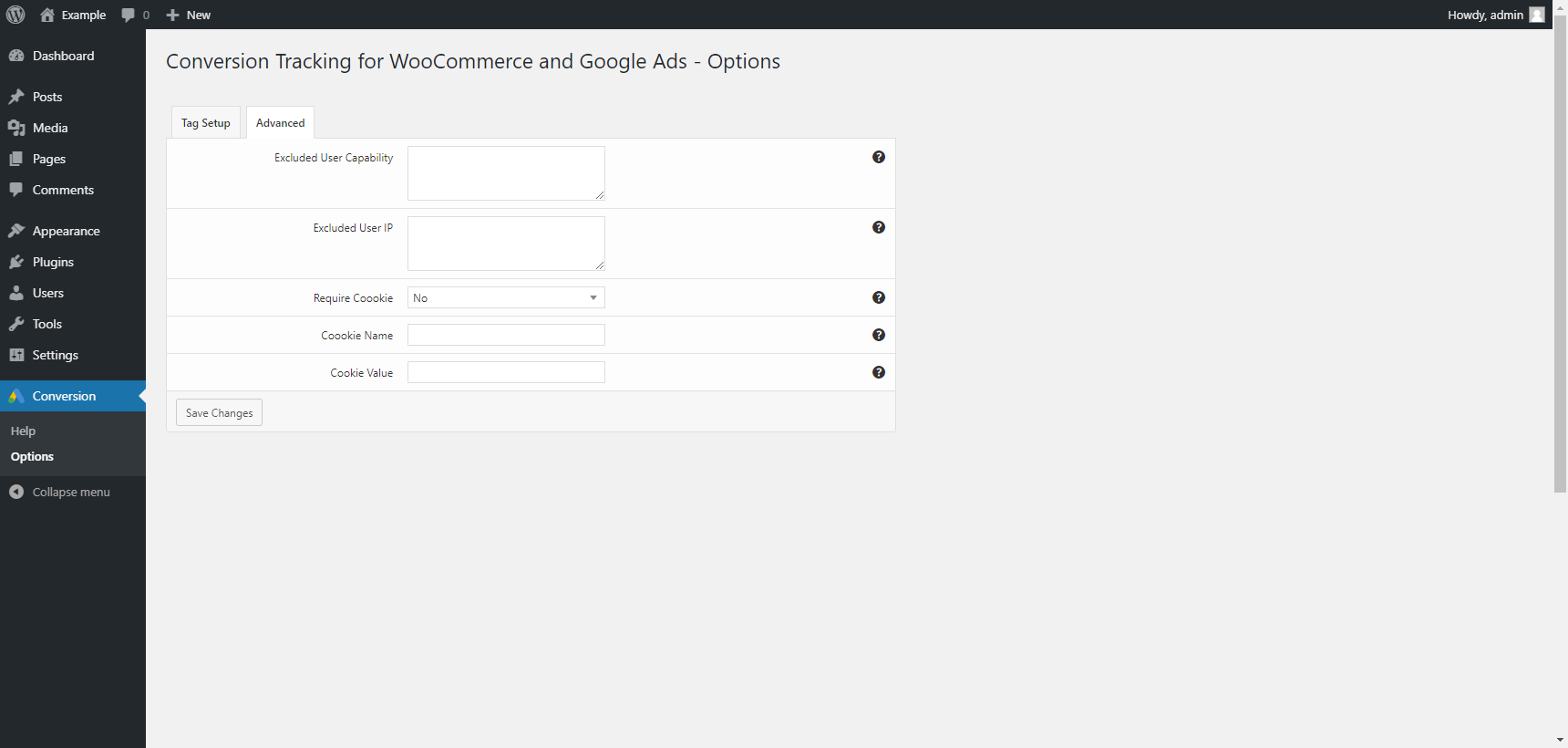 Options menu in the "Advanced" tab