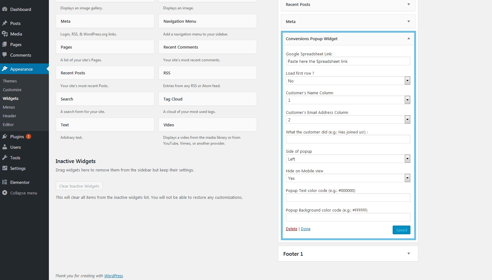 Conversions Popup Widget Settings Panel.