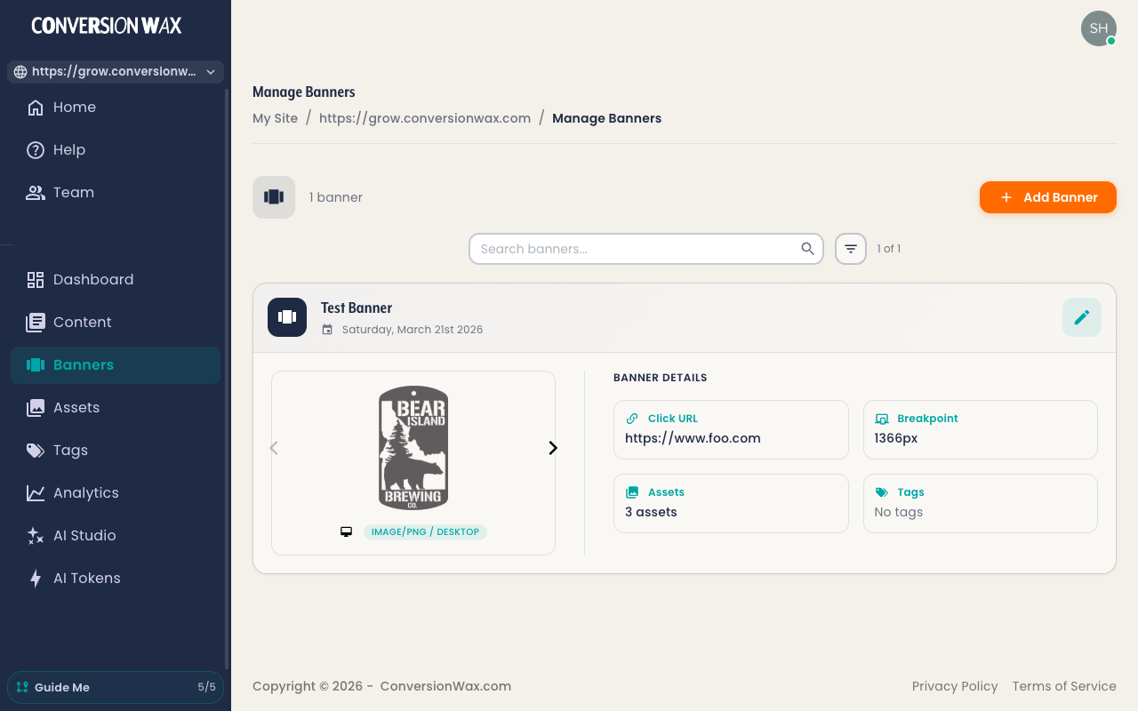 Manage banners with targeting rules, assets, and tags