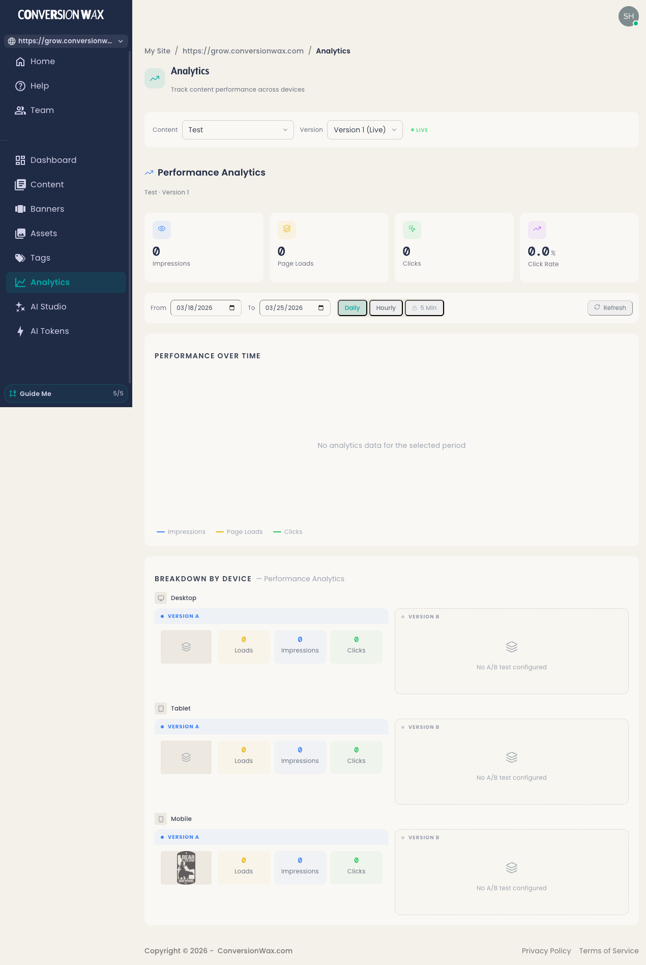Track impressions, page loads, clicks, and click rate with performance analytics