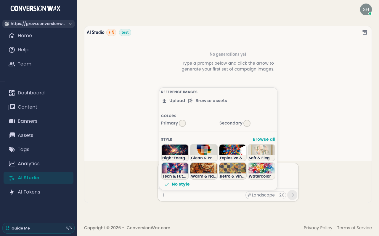Configure AI image generation with reference images, style presets, and quality options