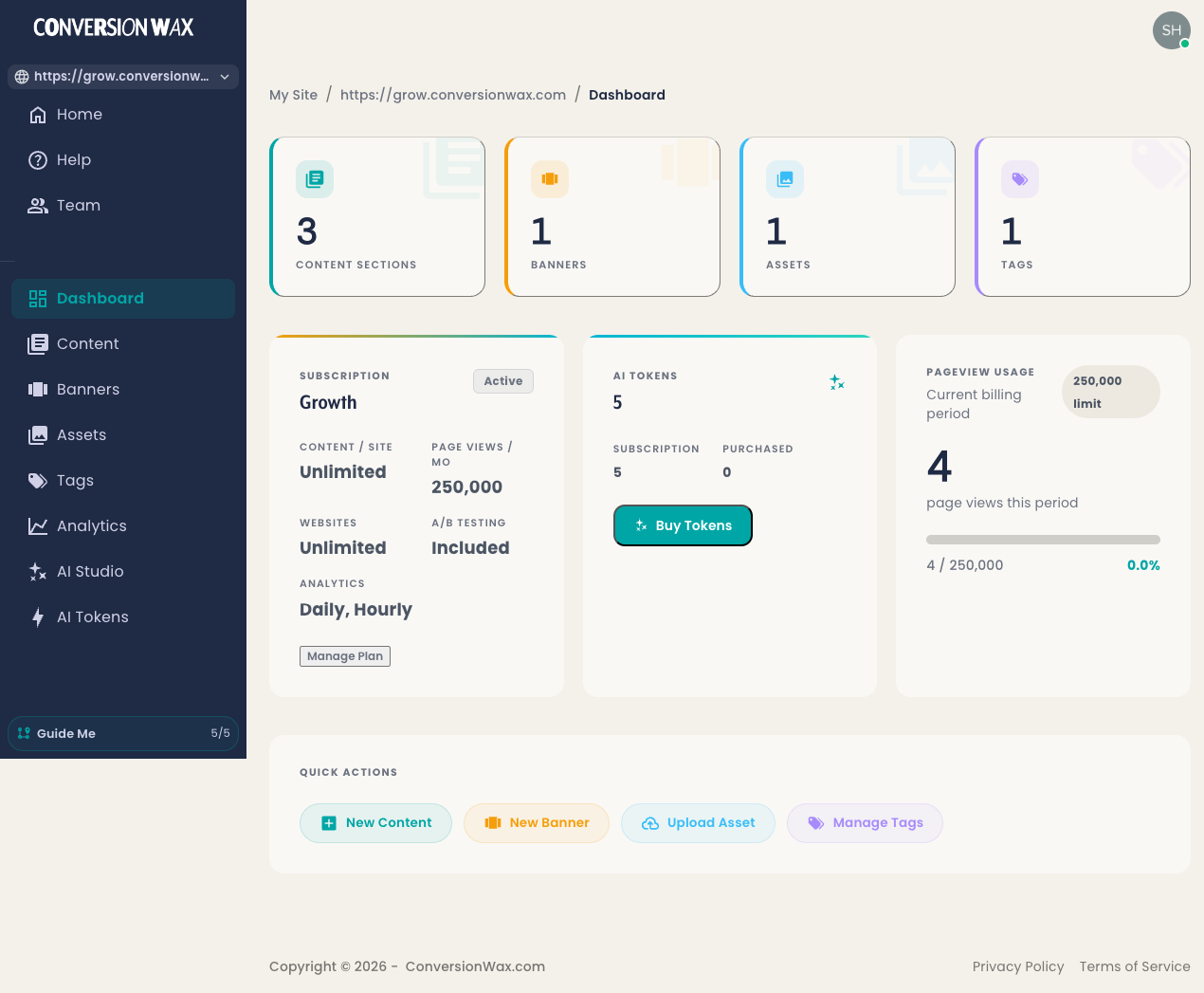 Website dashboard showing content, banners, and site configuration