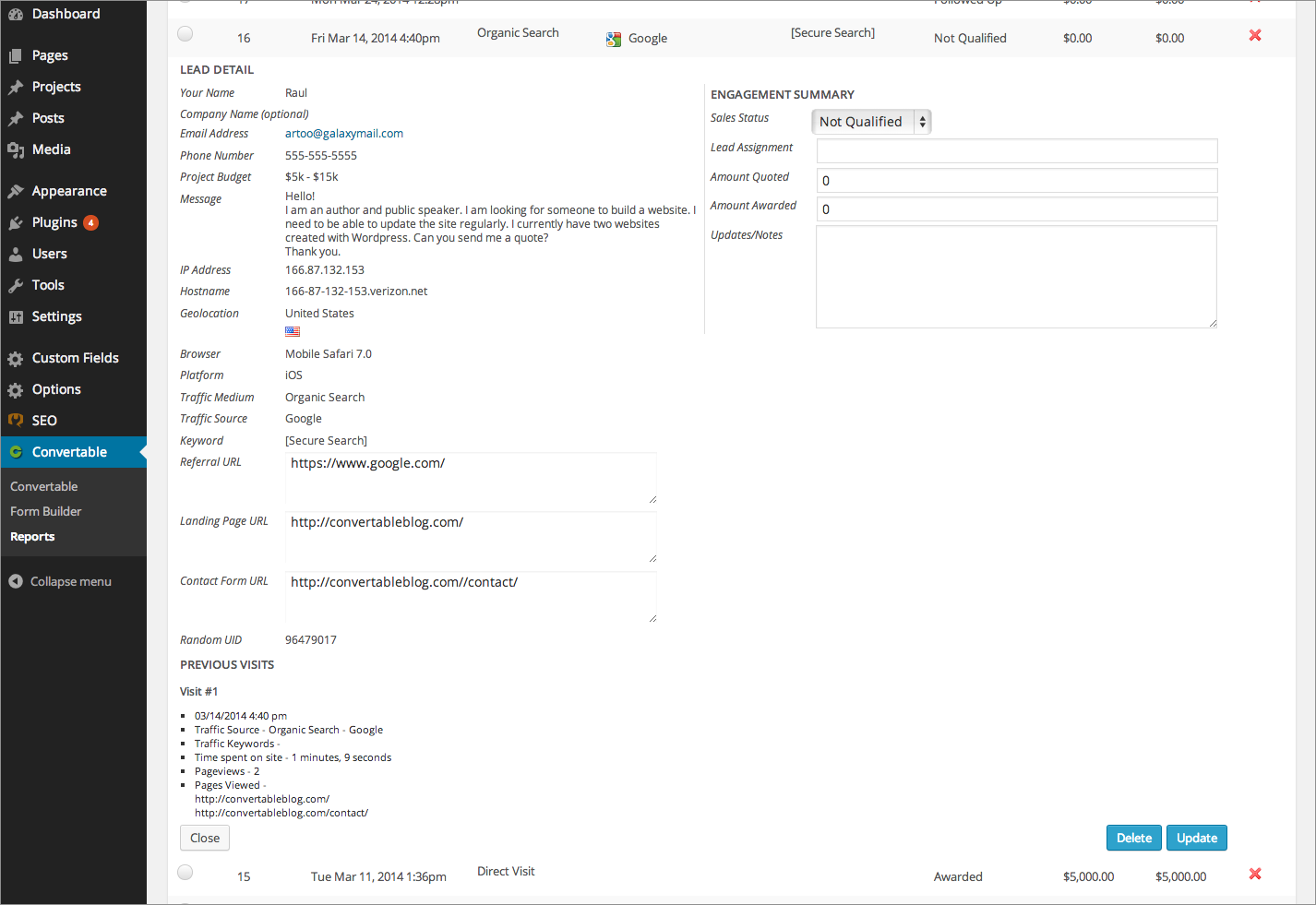 View individual lead data by clicking on a specific lead.