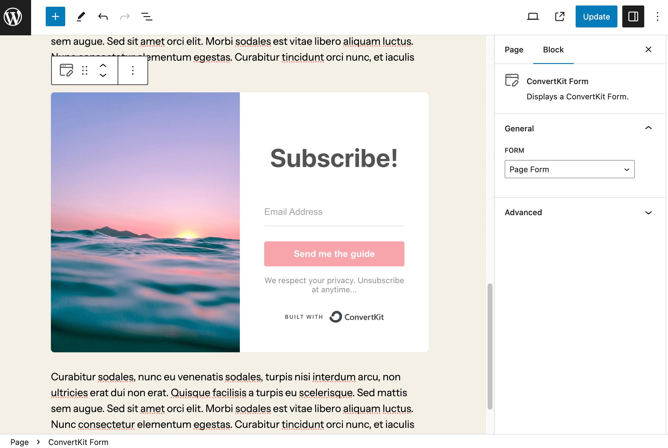 Configure a Kit landing page to be used in place of a WordPress Page, to capture email subscribers