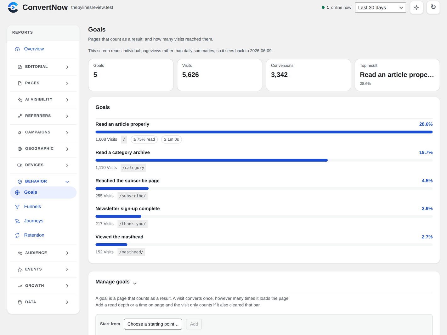 Goals, with the builder open: each rule reads back in a sentence and says how many of your pages it matches