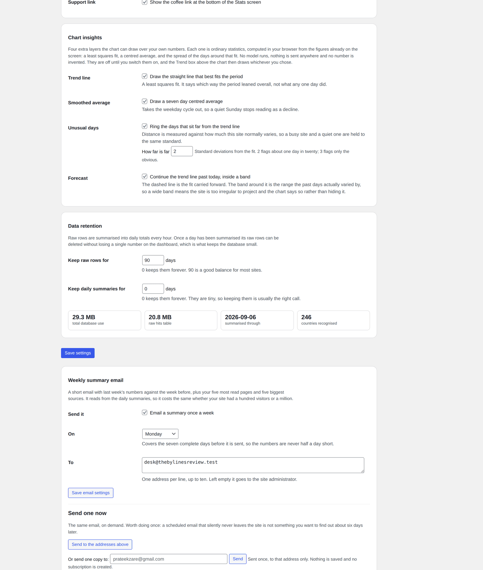Settings: the presence rule, the bot filter level, data retention and the weekly summary email