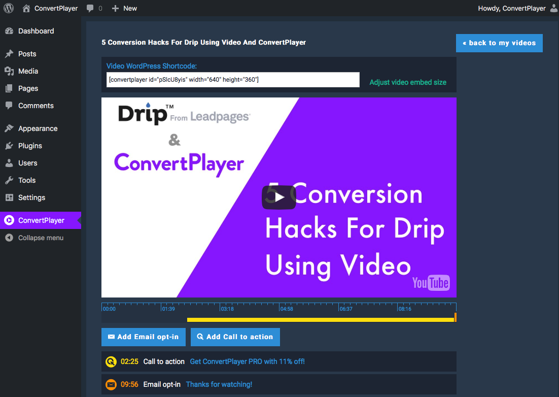 **Main dashboard** - Home screen of ConvertPlayer dashboard with all your videos