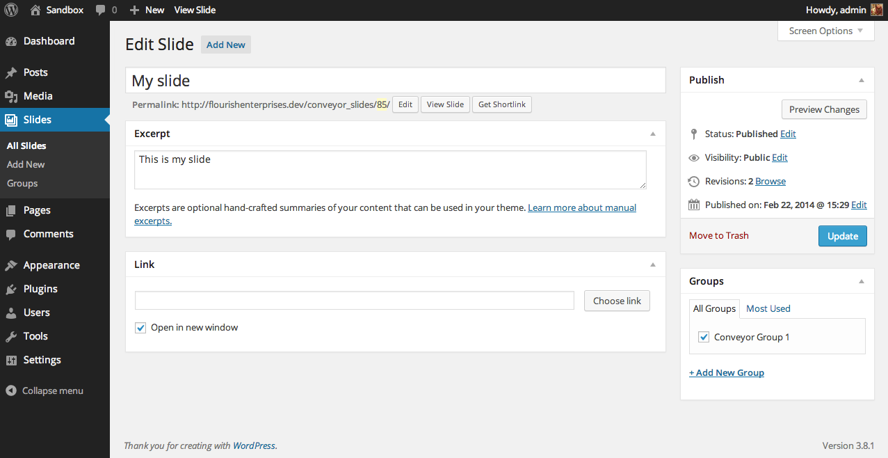 The Bootstrap 3 compatible carousel, rendered using the conveyor_render_bootstrap() function