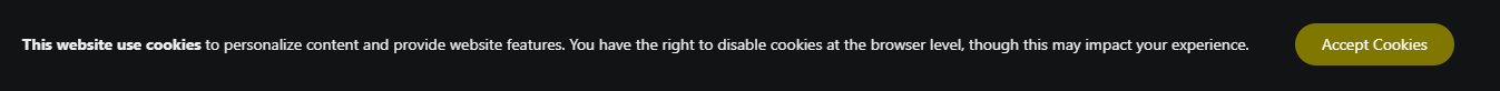 Cookie Accept in Action - Dark mode with fullscreen style layout.