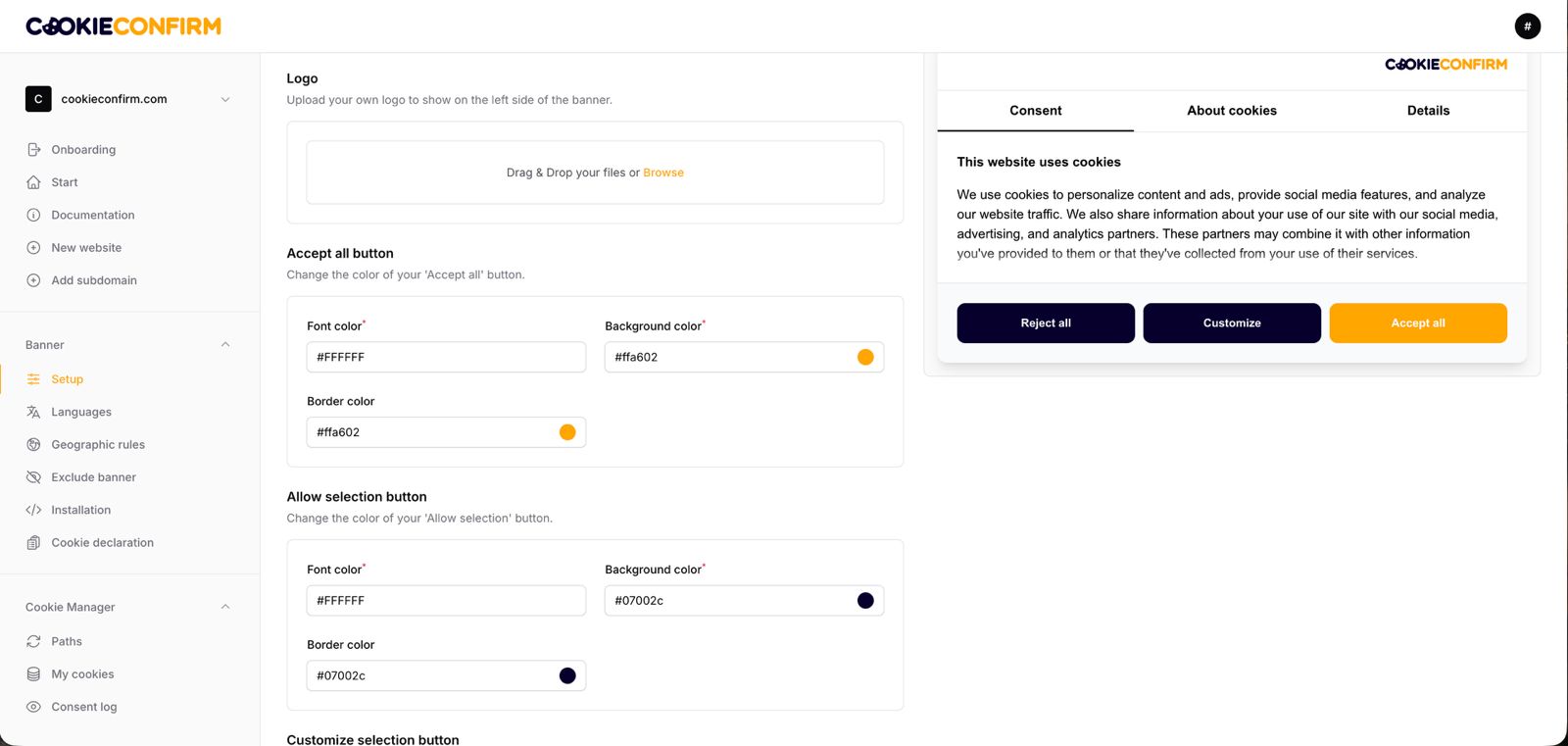 Cookie banner customization page.