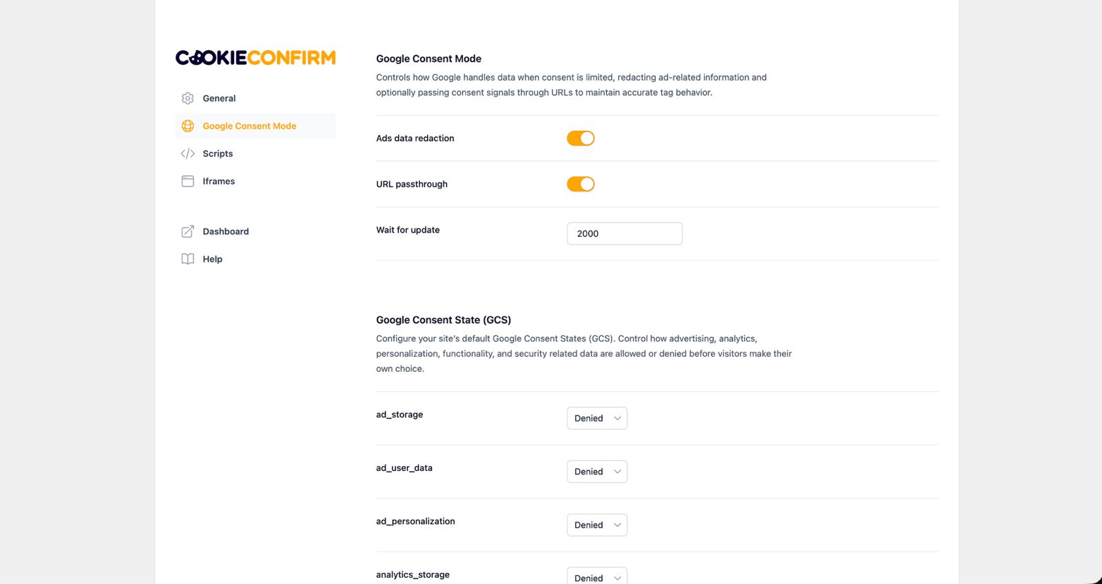 Google Consent Mode settings.