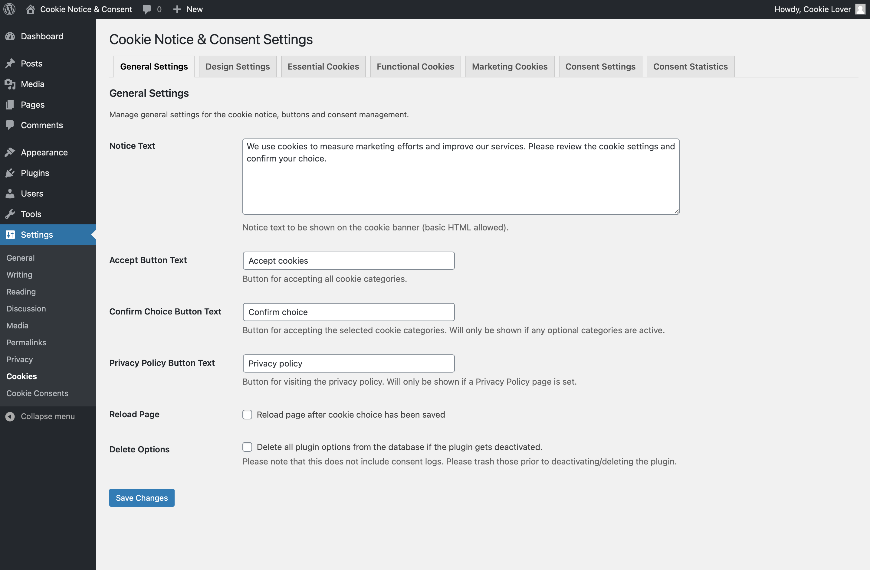 General Settings screen, tabbed category navigation