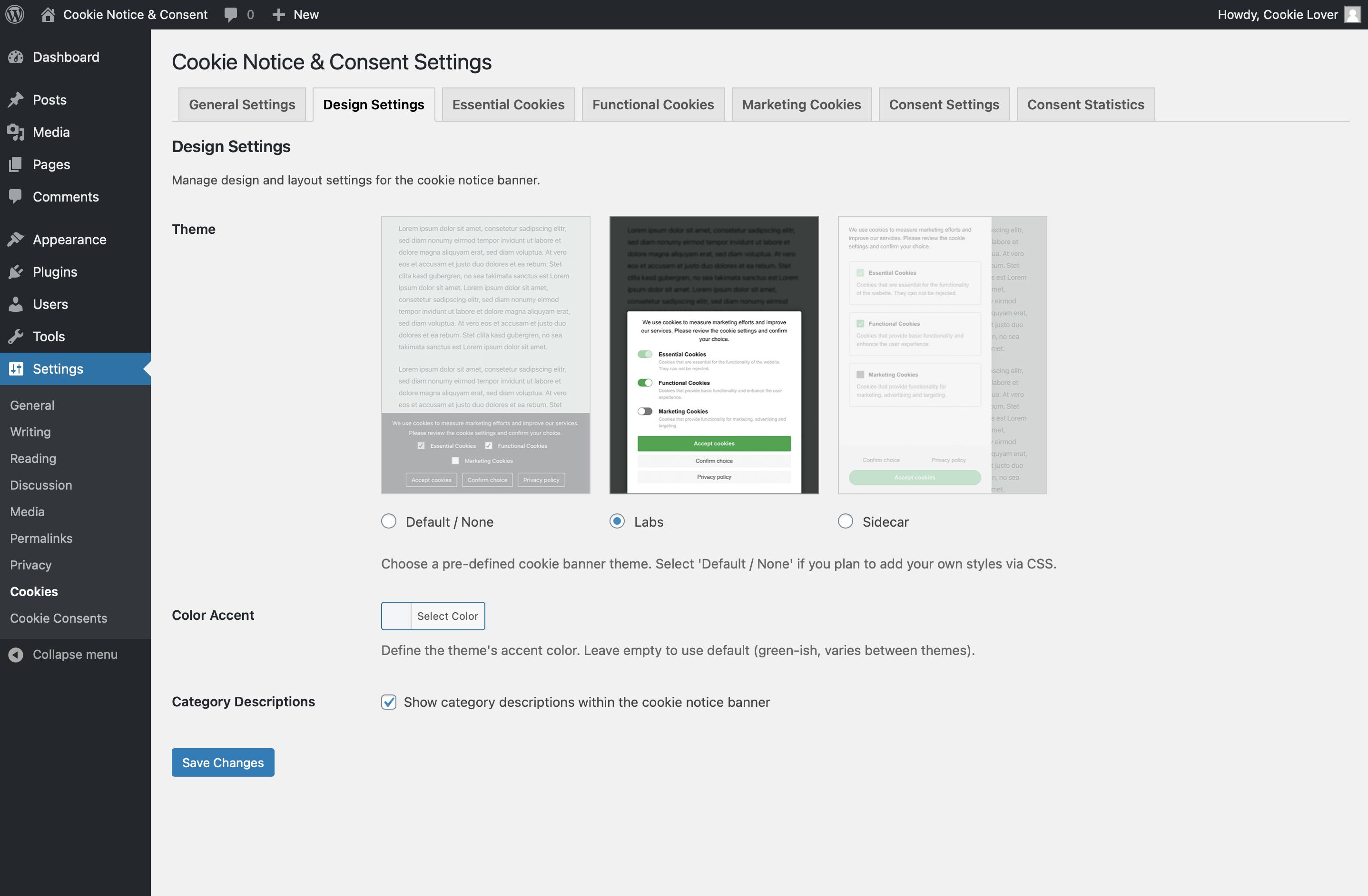 Design Settings screen, theme selector, with accent color picker