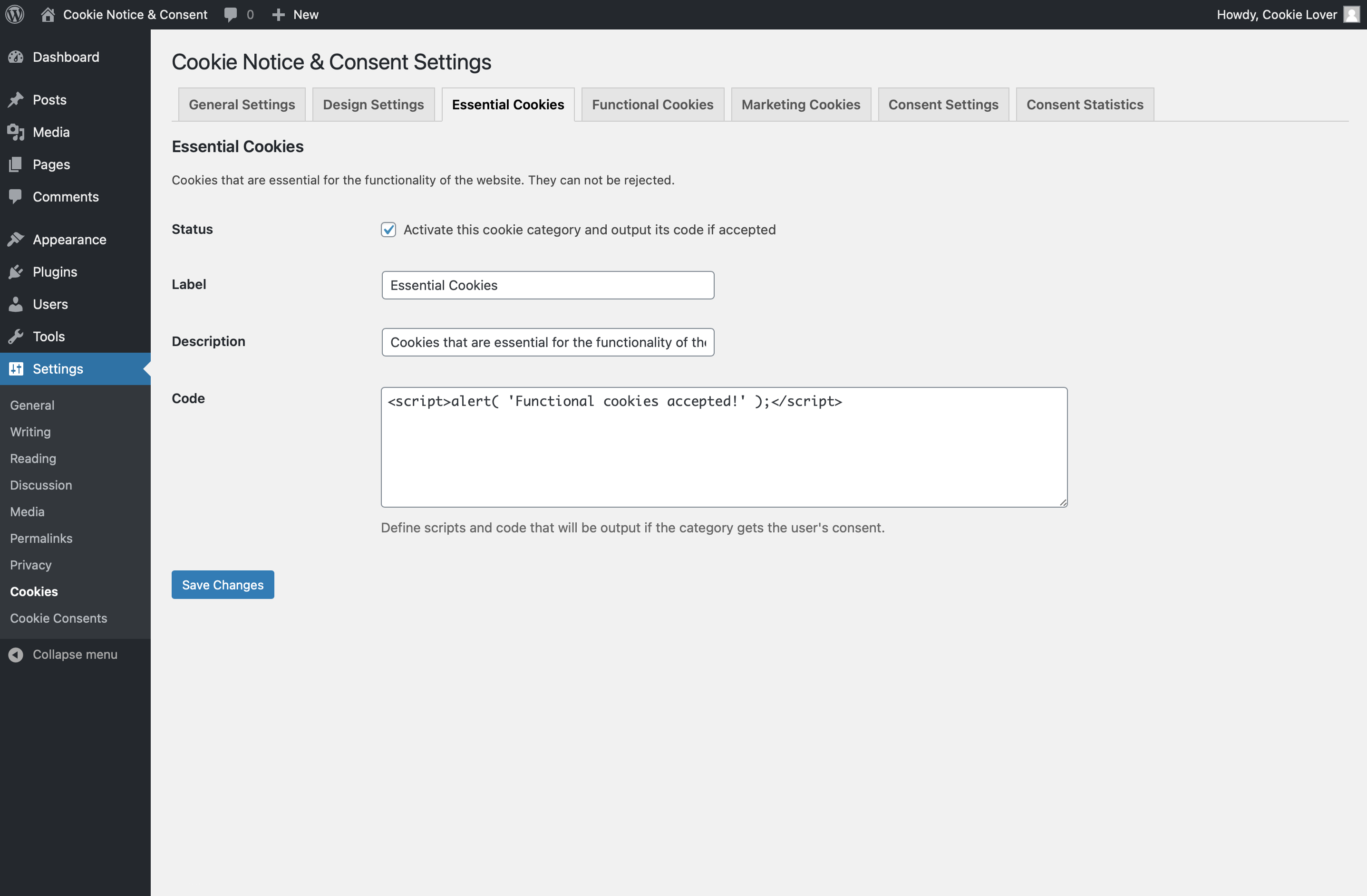 Cookie category settings screen, define name, description and scripts