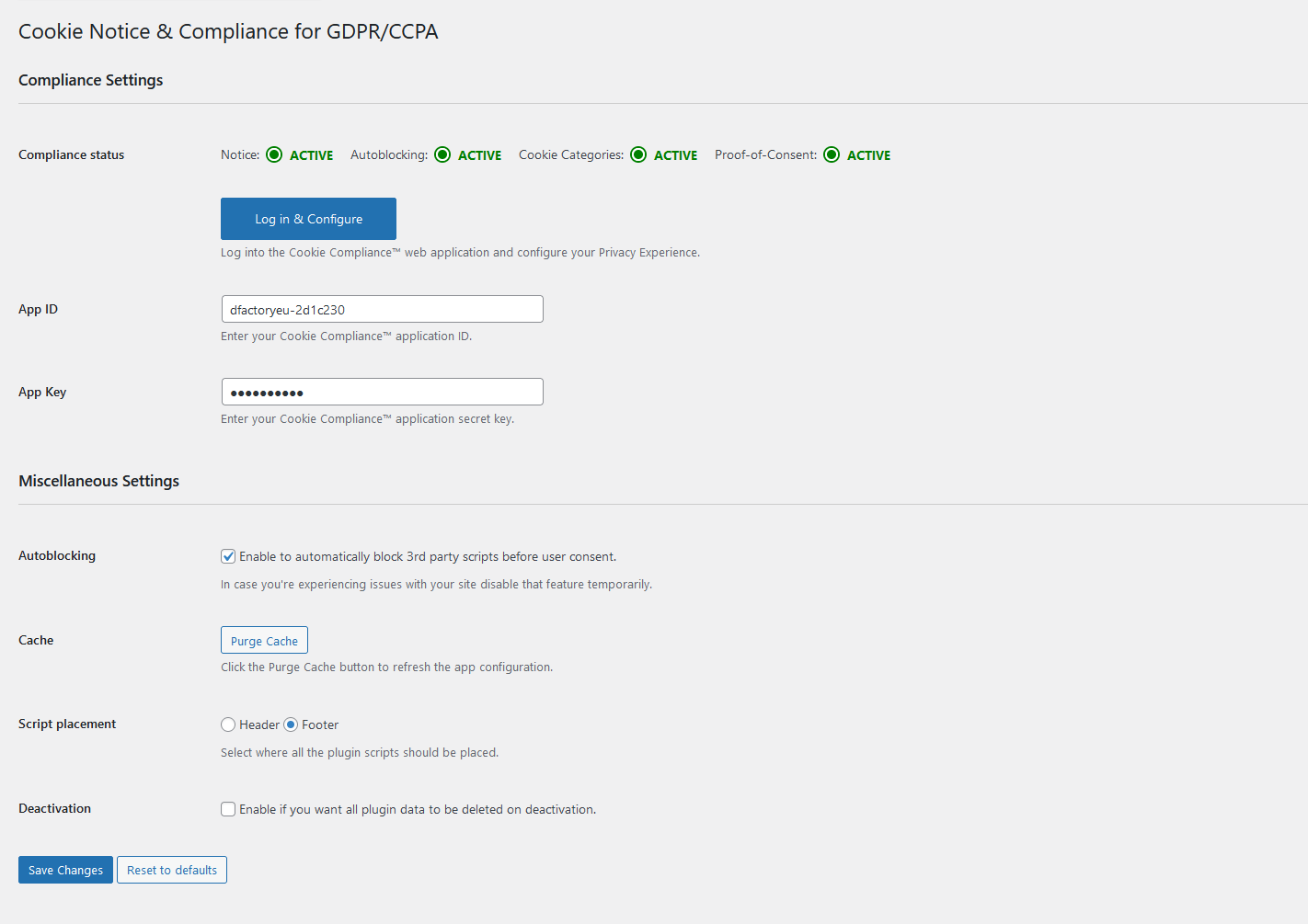 Cookie Notice settings, Compliance itegration active