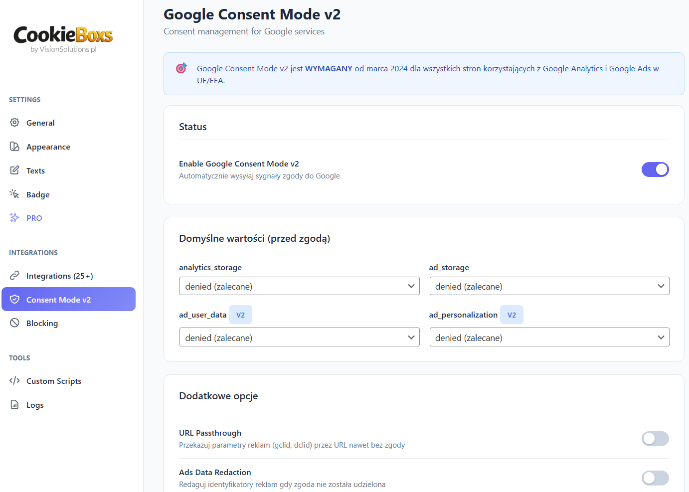 Google Consent Mode v2 settings