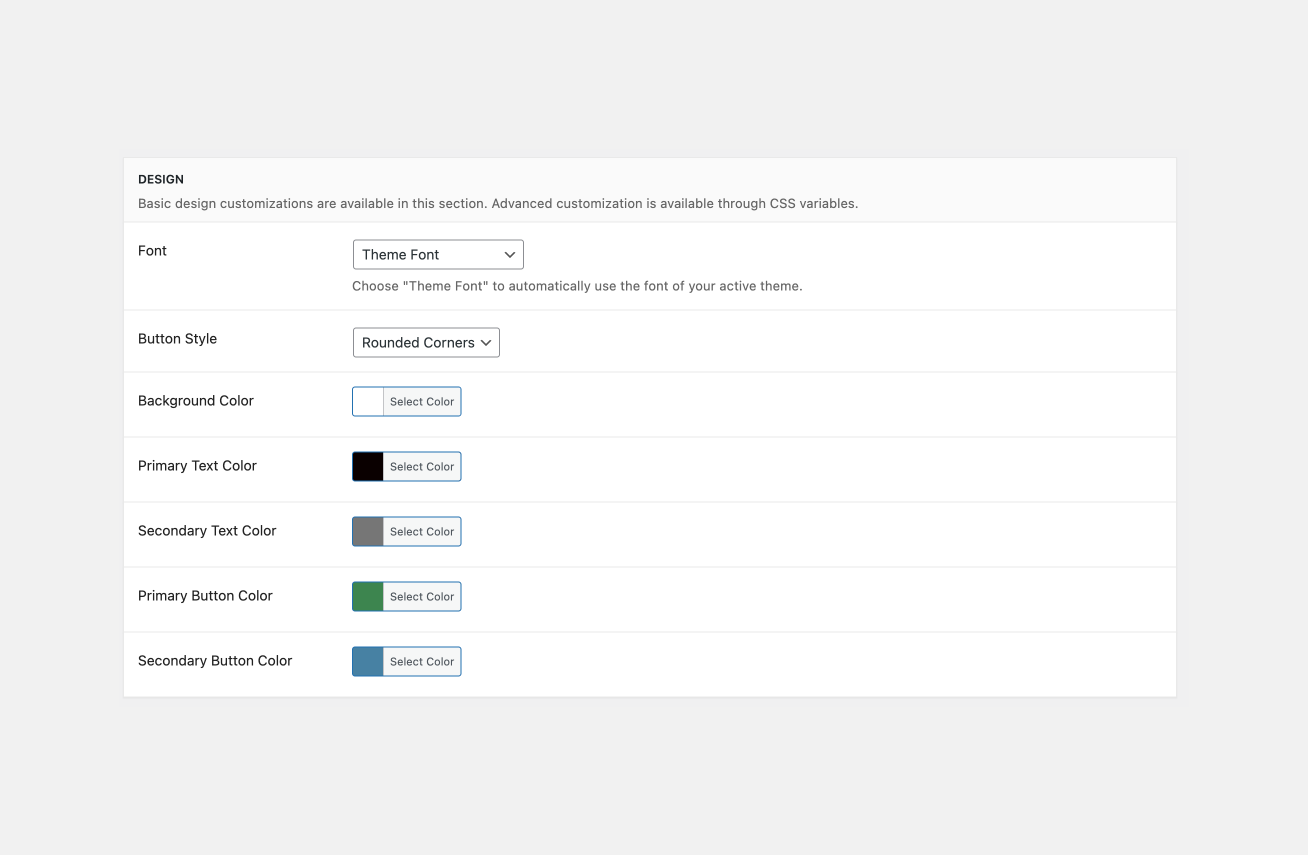 Design section in the admin settings
