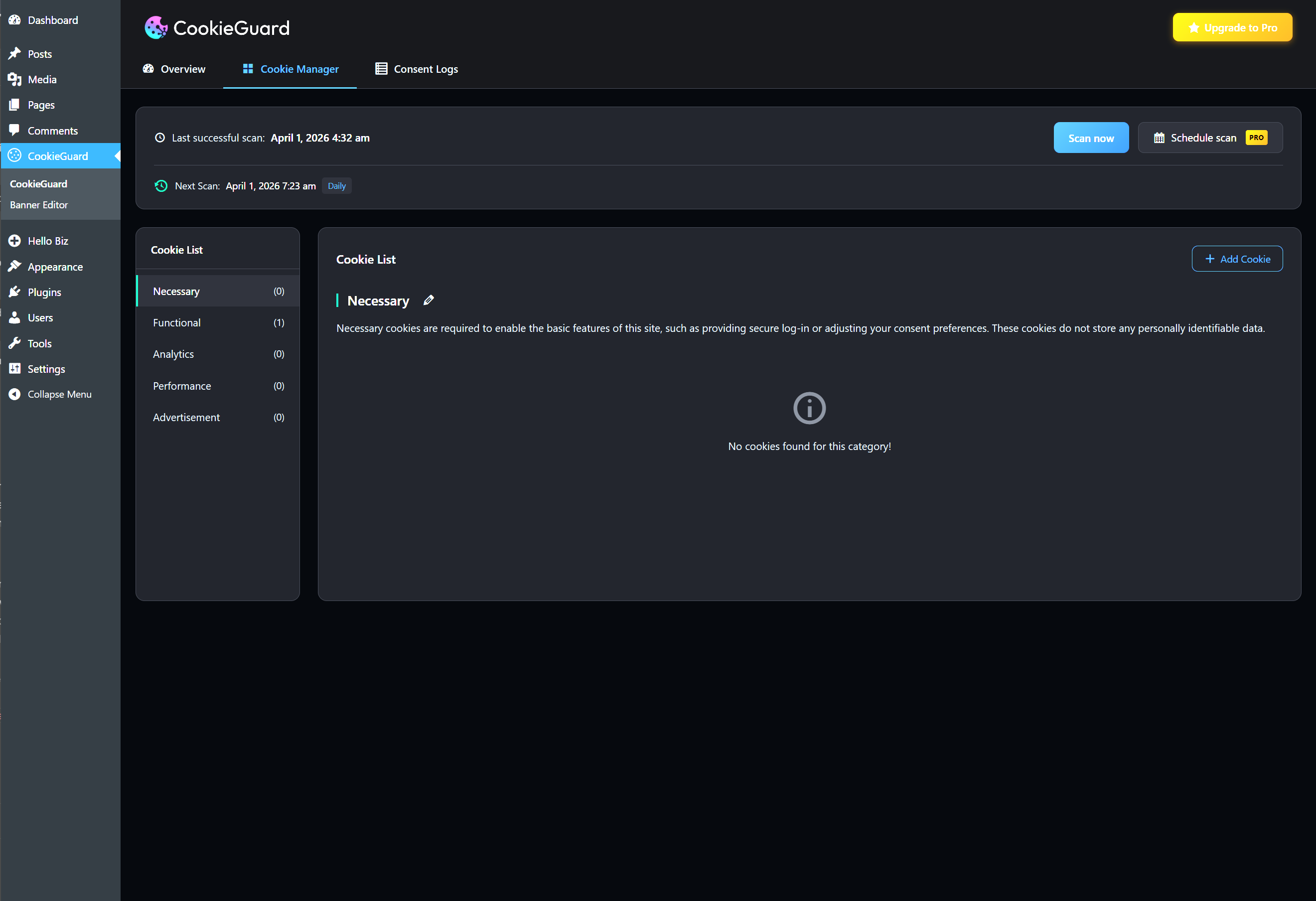Cookie Manager with categorized cookie list and scheduling