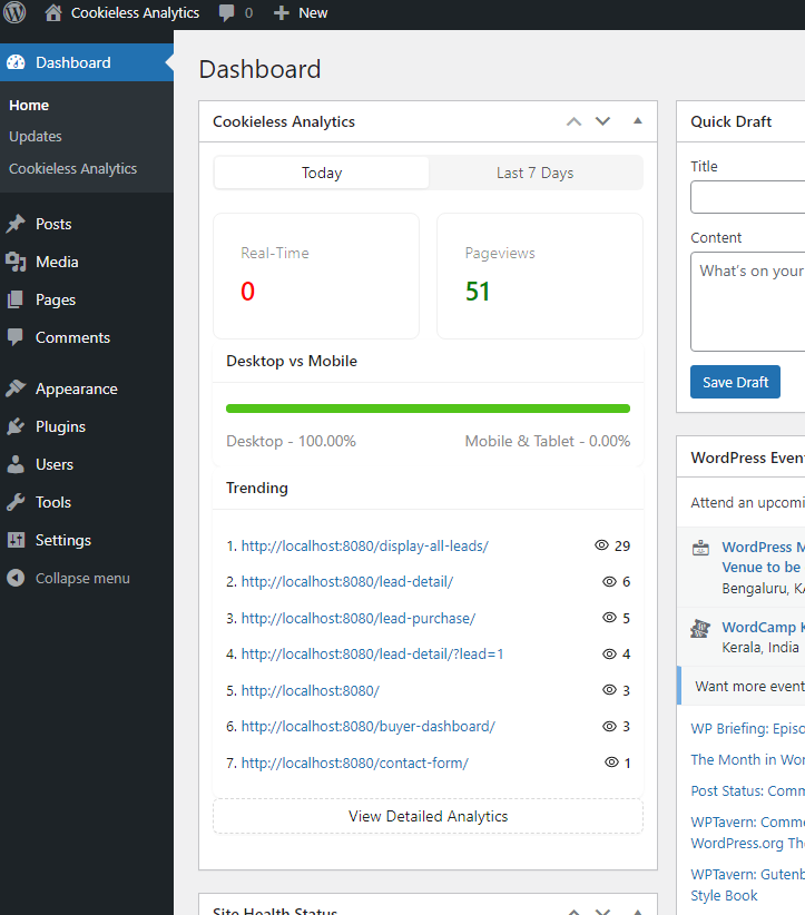 Cookieless analytics dashboard widget with realtime stats & today statistics.