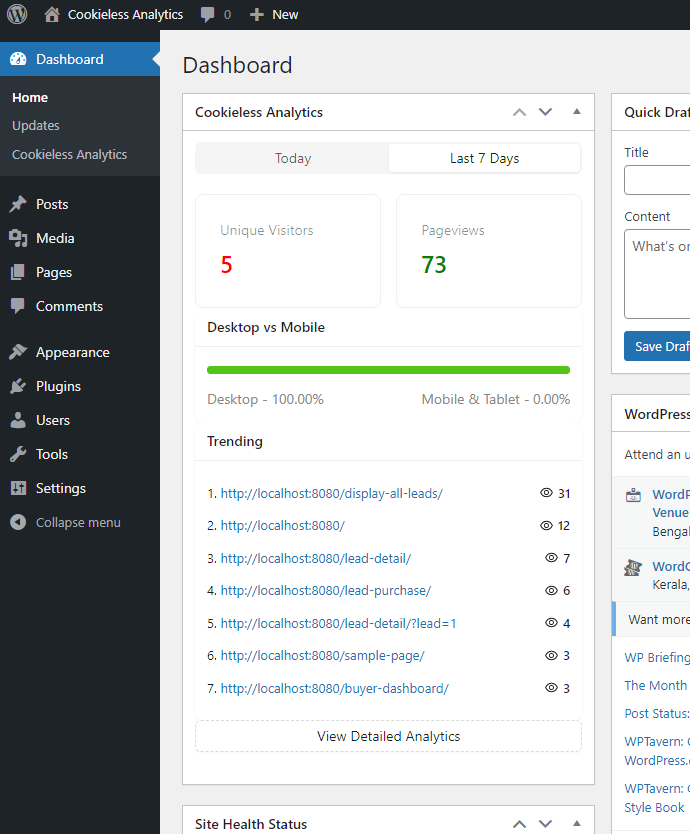 Cookieless analytics dashboard widget with last 7 days statistics.