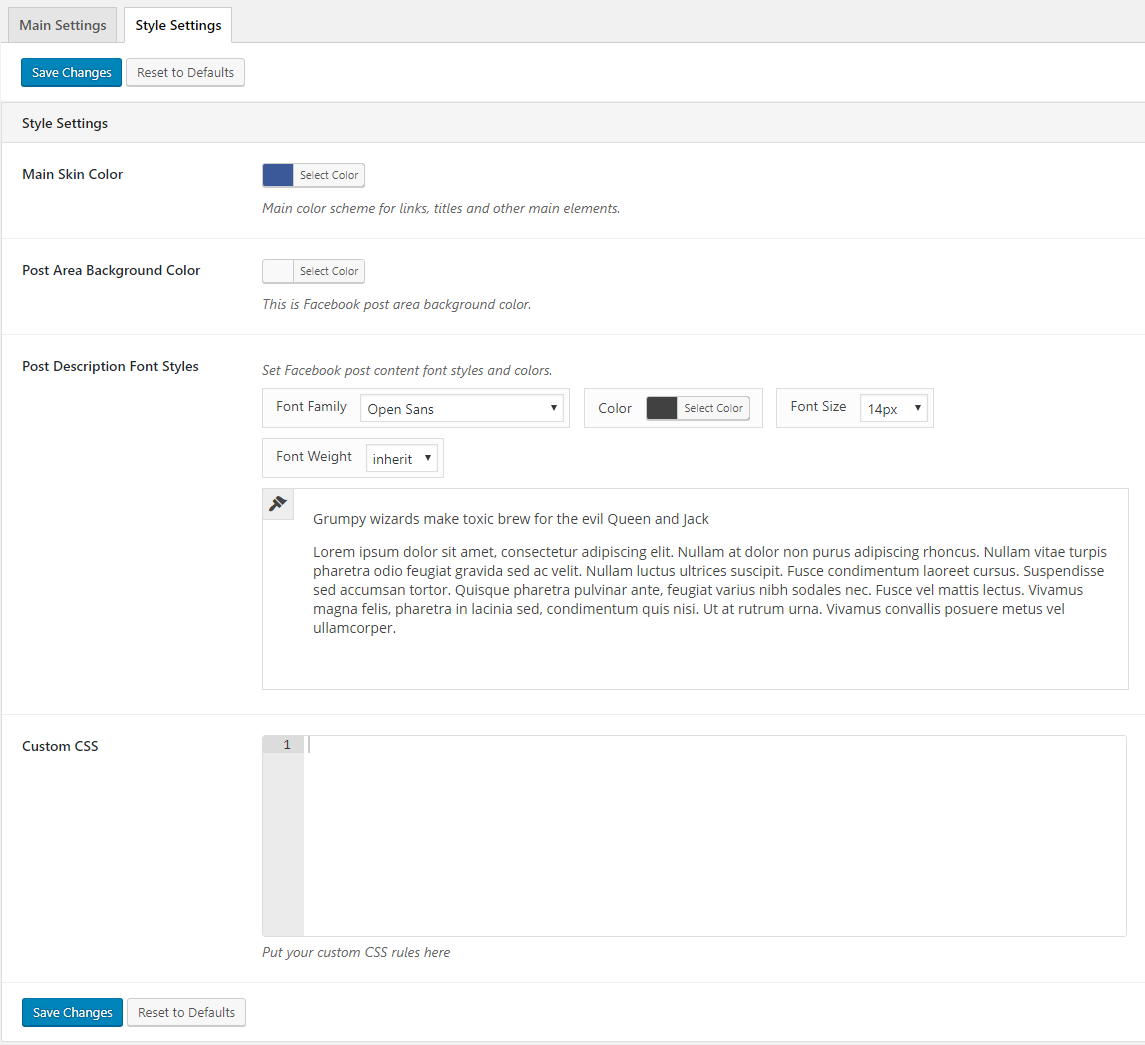 Facebook Page Feed Timeline Style Settings panel.