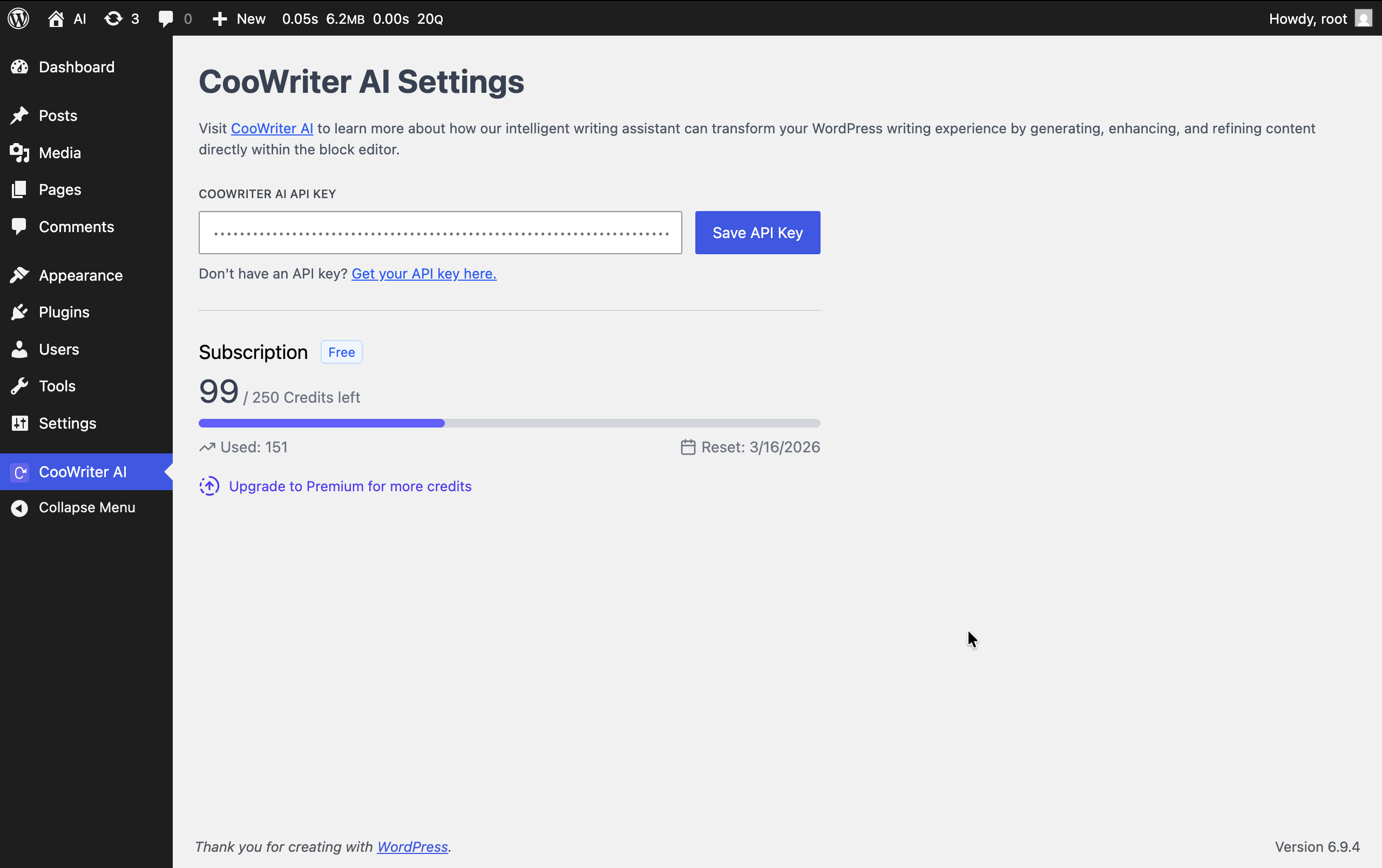 CooWriter AI settings page to add API key.