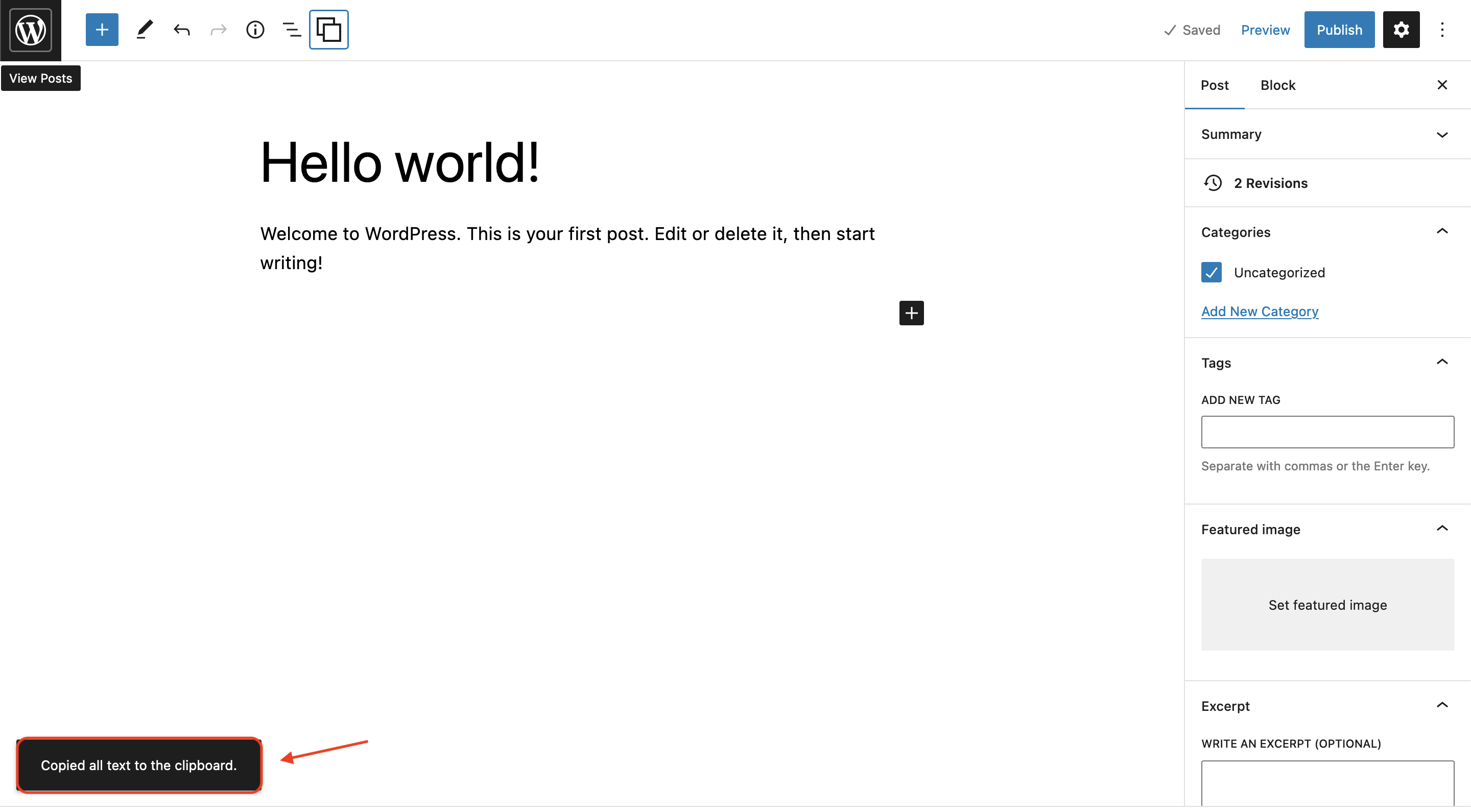 Copy text from all blocks with just one click.
